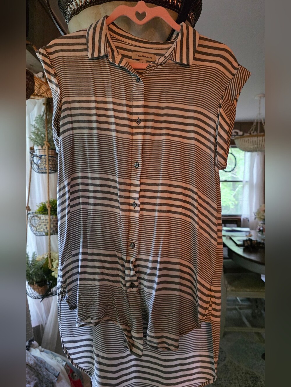 Calvin Klein Jeans Black and White Striped Button-Down Cap Sleeve Shirt High Low